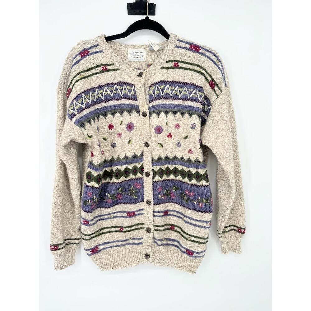 Vtg Northern Treasures Wool Blend Granny Sweater Cardigan M Cottagecore Floral